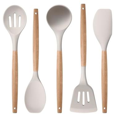 Imagem de Herogo Conjunto de 5 peças de utensílios de cozinha, conjunto de utensílios de cozinha de silicone com cabo de madeira, ferramentas de cozinha resistentes ao calor, espátula, colher para panelas