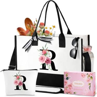 Imagem de Presentes de aniversário personalizados para amigos, bolsa floral para mulheres, presentes de dama de honra para casais, bolsa de praia Can-vas com bolsa de maquiagem, bolso interno, bolso lateral, alça de ombro, caixa de presente, cartão R