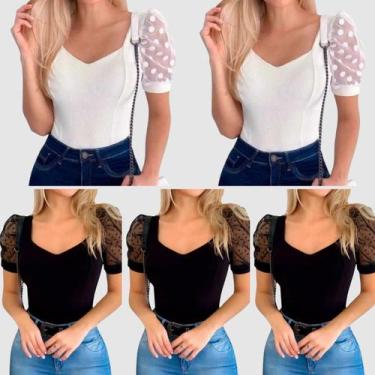 Imagem de Kit 5 Body Blusinha Canelada Manga Princesa Curta Tule Poa - Swisz, 3p