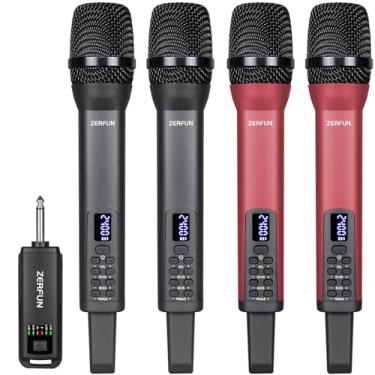 Imagem de ZERFUN 4 microfones sem fio recarregáveis, sistema profissional sem fio com controle Echo agudos graves para karaokê cantando festa na igreja, saída de 1/10.2 cm, cinza e vermelho