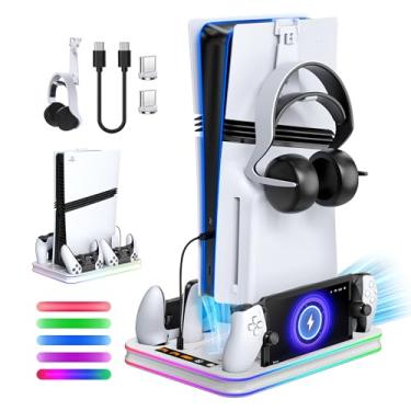 Imagem de FYOUNG Suporte de resfriamento e estação de carregamento tudo em um para console PS5/Slim/Pro e base de carregamento para controlador, suporte de carregamento para PlayStation Portal, fone de ouvido e