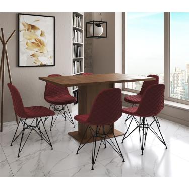 Imagem de Mesa Jantar Londres Retangular Amêndoa 137X90Cm 6 Cadeiras Estofadas Vermelho Ferro Preto