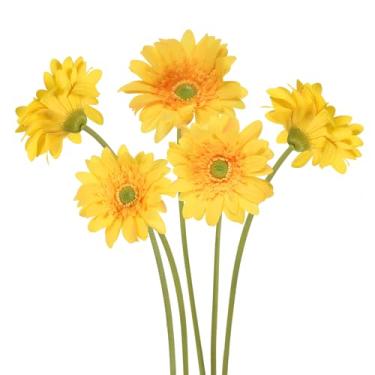 Imagem de ICBOX Flores artificiais de margarida amarela gerbera – margaridas de seda de látex de toque real, 5 peças, flores artificiais de haste longa de 68 cm para centros de mesa de verão, decoração de casa