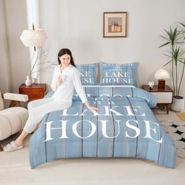 Imagem de Conjunto de edredom casal, estilo casa de fazenda rústica, 3 peças, com temática de lago de madeira azul, para todas as estações, 2 fronhas, sem lençol