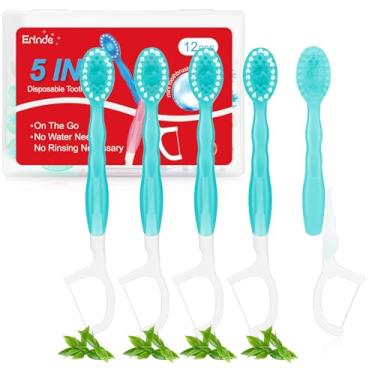 Imagem de Erinde Mini escovas de dentes descartáveis 5 em 1 com pasta de dente + raspador de língua + palhetas + estojo de viagem com fio dental, palhetas pré-coladas para viagem para trabalho ou viagem