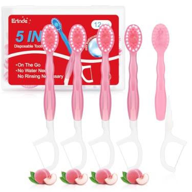Imagem de Erinde Mini escovas de dentes descartáveis 5 em 1 com pasta de dente + raspador de língua + palhetas + estojo de viagem com fio dental, palhetas pré-coladas para viagem para trabalho ou viagem
