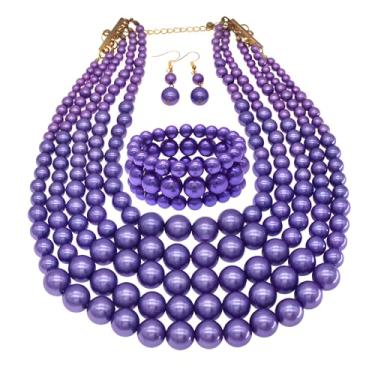 Imagem de MeliMe Colar de pérolas de imitação de vários fios para mulheres, 5 camadas, colar de pérolas, conjunto de pulseira e brincos, fantasia de casamento, joias de pérolas, Pérola sintética, Pérola