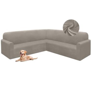 Imagem de HDCAXKJ Capas de sofá seccionais de veludo elástico em forma de L, conjunto de capas de sofá macias e grossas, em forma de U, protetor de móveis mágicos antiderrapantes para cães de estimação (cáqui