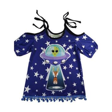 Imagem de Vestido Ummi Infantil Espaçonave manga 3/4 Azul, 1 a 2 anos