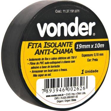 Imagem de Fita isolante pvc 19mmx10m preta anti chama peça Vonder