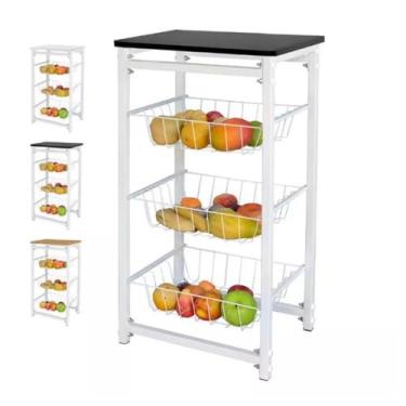 Imagem de Fruteira De Chão Cozinha Metal Madeira Com Suporte 3 Cestos - UTILYSE,
