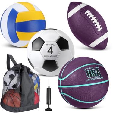 Imagem de HyDren Conjunto de 4 bolas esportivas sortidas para crianças, presente escolar, operação de Natal, tamanho oficial, basquete, futebol, vôlei com bolsa de transporte e bomba para crianças de parquinho