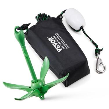 Imagem de VEVOR Kit de âncora de caiaque, kit de âncora de prancha de remo de 1,6 kg com corda e boia de 26,2 pés/8 m, âncora de barco pequena dobrável com bolsa de armazenamento e gancho de pressão, acessórios
