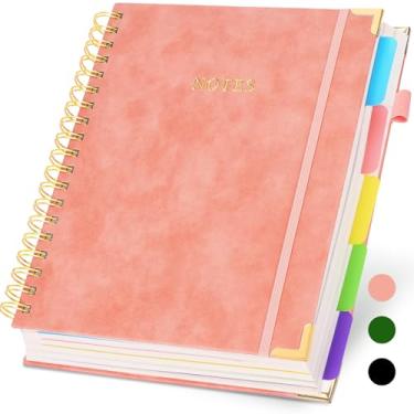Imagem de Caderno espiral de capa dura com abas divisórias, 300 páginas 20,3 x 25,4 cm (B5) Caderno de couro com 5 assuntos, diário grande para anotações escolares, diário feminino, rosa