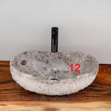 Imagem de MIDUSO Pia de vaso de pedra de canoa cinzelada, pia de pedra real, pia de vaso de banheiro exclusiva, pia de canoa 012
