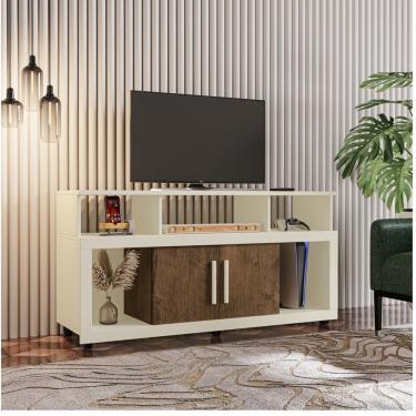 Imagem de Rack Bancada Sala Com Pés De Rodinha E 2 Portas Star 135x70cm Off White /canela