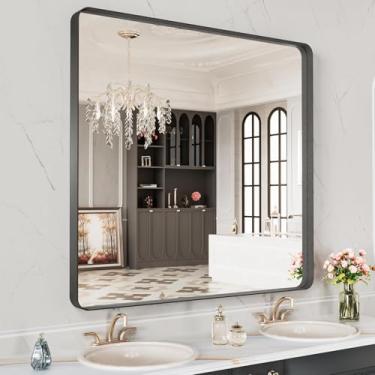 Imagem de miroro Espelho de banheiro emoldurado de metal preto de 76 cm C x 91 cm L para parede Espelho retangular de ângulo reto antiferrugem, vidro temperado, pendurado horizontal ou verticalmente