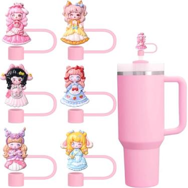 Imagem de Conjunto de tampas de palha rosa, 6 peças de 10 mm, tampas de palha de princesa compatíveis com Stanley Cups Copo de 30 e 1,134 g com alça, acessórios reutilizáveis de silicone para meninas