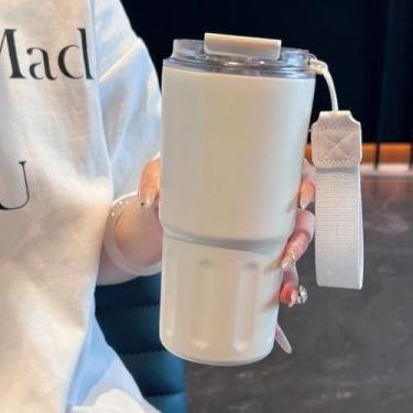 Imagem de Copo Térmico de Café a Vácuo de Aço Inoxidável 290ml/360ml/600 com Canudo e Alça(BRANCO,600ml)