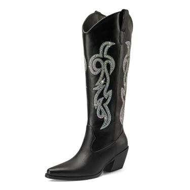 Imagem de Usikall Botas de caubói femininas com panturrilha larga na altura do joelho com zíper lateral e bordado bico amendoado salto médio retrô moda alta vaqueira sem cadarço feminina, Preto, 35