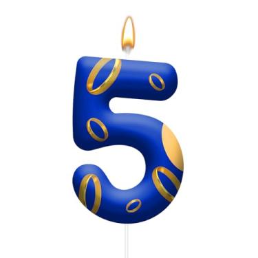 Imagem de Velas de bolo de aniversário – velas azuis e douradas com desenhos vibrantes para meninos e meninas, decorações temáticas de festa de aniversário, topos de bolo para festas temáticas (número 5)