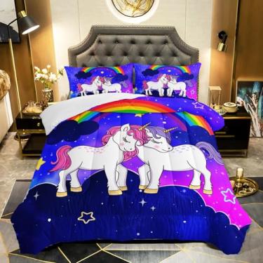 Imagem de QOOMO Conjunto de edredom completo de unicórnio com estampa de galáxia roxa com 2 fronhas, macio e leve com 3 peças