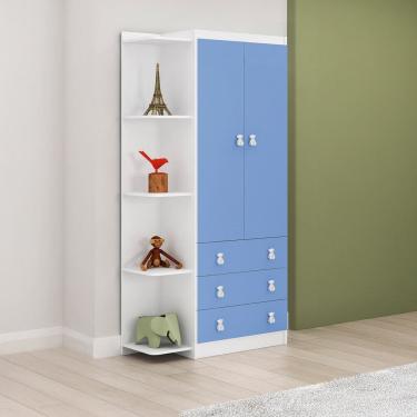 Imagem de Gurda Roupa Infantil com Estante Lateral 2 Portas 3 Gavetas Azul