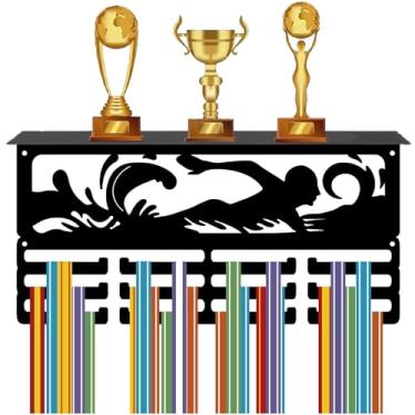 Imagem de CREATCABIN Suporte de troféu de natação, suporte de medalha, expositor de metal preto, suporte de parede, suporte de parede, 60 medalhas, fitas de prêmios, rack organizador com 12 ganchos para atletas