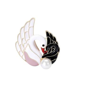 Imagem de Broche de cisne duplo pérola esmalte preto branco cisne animal broche engraçado lapela broche feminino masculino moda vestido terno suéter decorações casal cisne joias, one size, Zinco, Sem Pedra