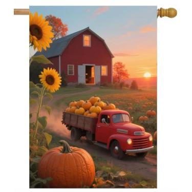 Imagem de ShineSnow Caminhão vintage vermelho com abóboras colheita fazenda celeiro girassóis pôr do sol outono casa bandeira 71.1 cm x 101.6 cm dupla face poliéster bem-vindo grande quintal jardim bandeira