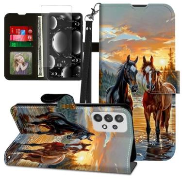 Imagem de BREIDMKFM Capa para celular Galaxy A23 5G, capa para Samsung A23 5G com protetor de tela e suporte, suporte para cartão e alça de pulso, carteira de couro flip fólio proteção magnética, casal cavalo