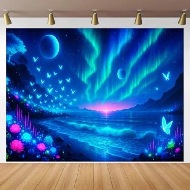 Imagem de BlissYard Tapeçaria Aurora Lua Borboleta Luz Negra Brilha no Escuro UV Reativo para Parede com Céu Galáxia Neon Psicodélico Tapeçarias Luz Preta para Decoração de Festa de Quarto 192 x 159 cm