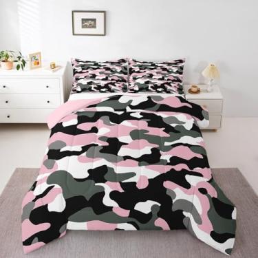 Imagem de jejeloiu Conjunto de edredom de camuflagem rosa cinza para meninas, meninos, crianças, tamanho Queen, camuflado, decoração de quarto, estilo militar, padrão disruptivo, vintage, abstrato, geométrico