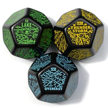 Imagem de Weather, Severe Weather & Geography Generator Dice Set | 3 Jumbo D12s for D&D, Pathfinder & TTRPGs | Hand-Illustrated | Worldbuilding & Encounter Inspiration for Game Masters (Darkmode)