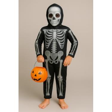Imagem de Fantasia Infantil Esqueleto Caveira Criança Halloween Unissex Roupa Mascara Luxo Balde de Abóbora (Preto, M (veste 5 a 6 anos))