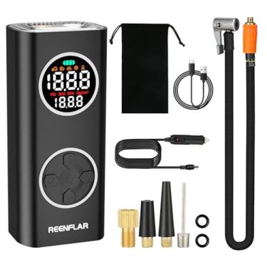 Imagem de REENFLAR Inflador de pneu sem fio com bocal duplo e medidor digital, compressor de ar portátil de 150PSI para pneus de carro, SUV, motocicleta, bicicleta, recarregável, desligamento automático, luz