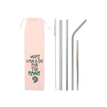 Imagem de Kit 6 em 1 4 canudos de inox shake 8mm Escova Ecobag What Sustentável 