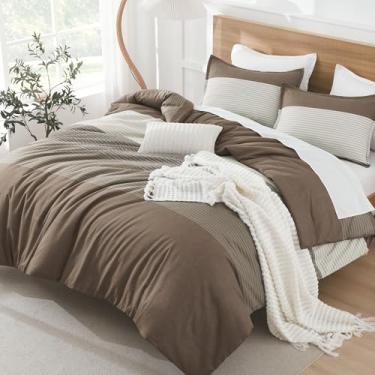 Imagem de Litanika Conjunto de edredom casal café – Conjunto de cama leve com listras coloridas e fofas, 3 peças, conjunto de cama para todas as estações
