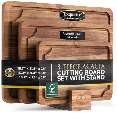 Imagem de Deer & Oak Conjunto de 3 peças de tábua de corte de madeira de acácia com suporte, certificado FSC, reversível pré-oleada para uso na cozinha – Tábuas duráveis de escultura de carne e vegetais