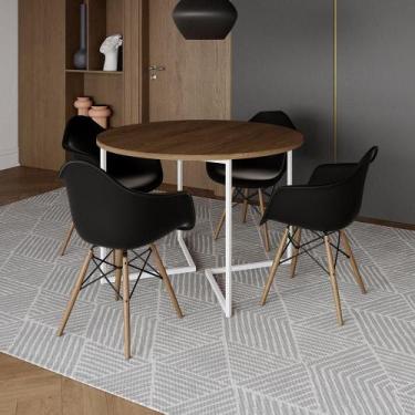 Imagem de Mesa Jantar Industrial Amêndoa 110Cm Redonda Base V Ferro Branco C/4 P