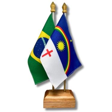 Imagem de Kit Bandeira de Mesa Brasil e Pernambuco Dupla Face Com Base e Haste em Madeira Decoração Escritório Eventos Presente