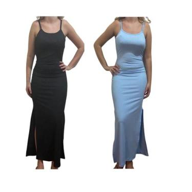 Imagem de KIT C/2 Vestidos Longo Canelado com Fenda - Emporio J, Preto, Azul bb,