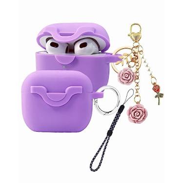 Imagem de Capa de bloqueio seguro para Airpods 3 com cordão de chaveiro de flores fofas, capa protetora de silicone para AirPods 3ª geração, capa feminina para Apple iPod 3ª capa de carregamento 2021 (roxa)