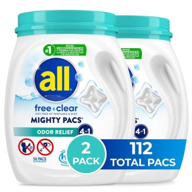 Imagem de Detergente para roupa All Mighty Pacs Free Clear 112 cargas x2
