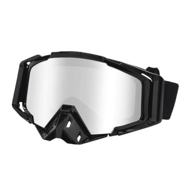 Imagem de HNJOKE Óculos de motocicleta, quadriciclo para adultos, homens, óculos à prova de vento, armação preta, lente prateada