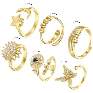 Imagem de Tondiamo 6 anéis de ansiedade para mulheres, banhado a ouro 14 k, ajustável, girador, borboleta, girassol, lua, estrela, cristal, fidget para alívio da ansiedade e estresse