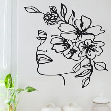 Imagem de Tcwhniev Arte de linha de metal, decoração de parede, arte de parede de metal, decoração abstrata de linha de arte de parede com rosto feminino, arte de parede suspensa de flores de metal, decoração