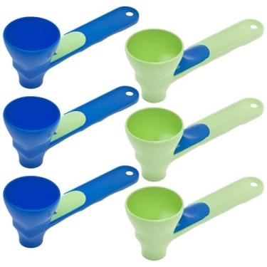 Imagem de 6 peças de colher de medição deslizante com funil, funil de proteína em pó sem derramamento com escamas sem bagunça, funil de colher de medição preciso de proteína em pó, colher de medição portátil