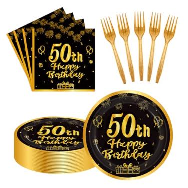 Imagem de LDFDRT 60 peças, pratos e guardanapos de papel para festa de 50 anos, garfos, pratos de bolo de sobremesa em ouro preto, suprimentos de decoração de festa, serve 20 convidados