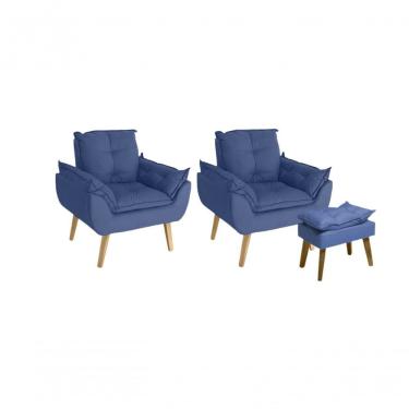 Imagem de Kit 02 Poltrona/cadeira Decorativa E Puff Glamour Com Pés Quadrado Azul Marinho